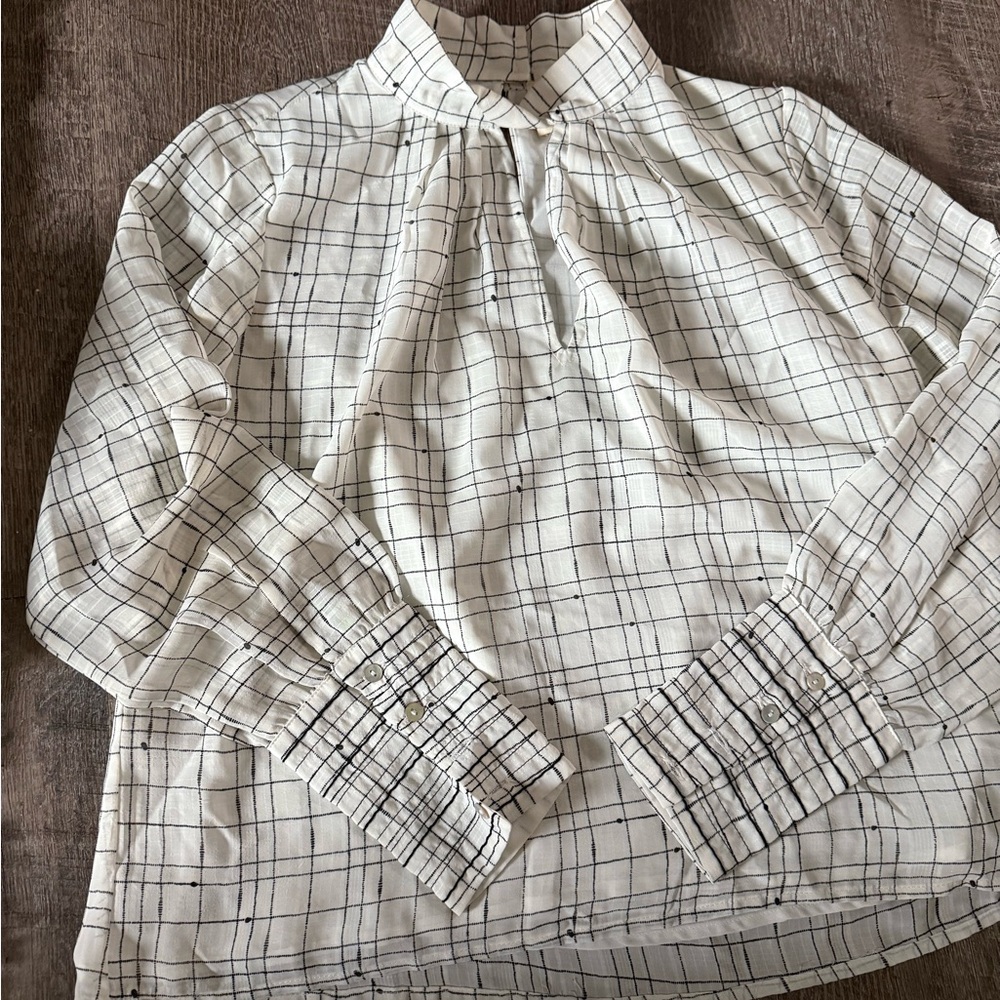Plaid High-Neck Blouse - White